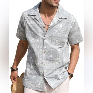 Coofandy Paisley Floral Square Geometric Gray Cotton Button Down Shirt Like New